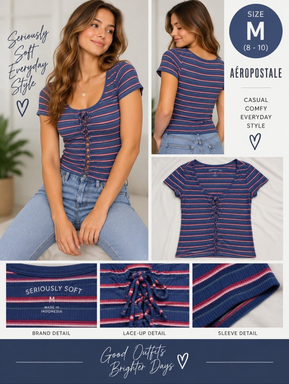Aero Seriously Soft women's medium blue striped top #31